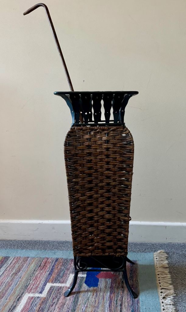 Vintage Woven Willow and Metal Umbrella Stand