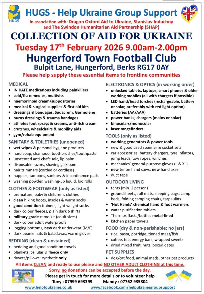 Collection of Aid for Ukraine: Tuesday 17th February 2026