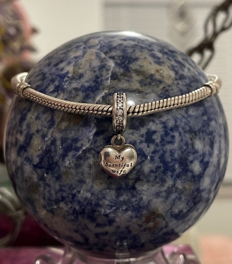 Pandora Moments ~ Heart Clasp ~ Snake Chain Bracelet & “My Beautiful Wife” Dangle ~ Sterling Silver