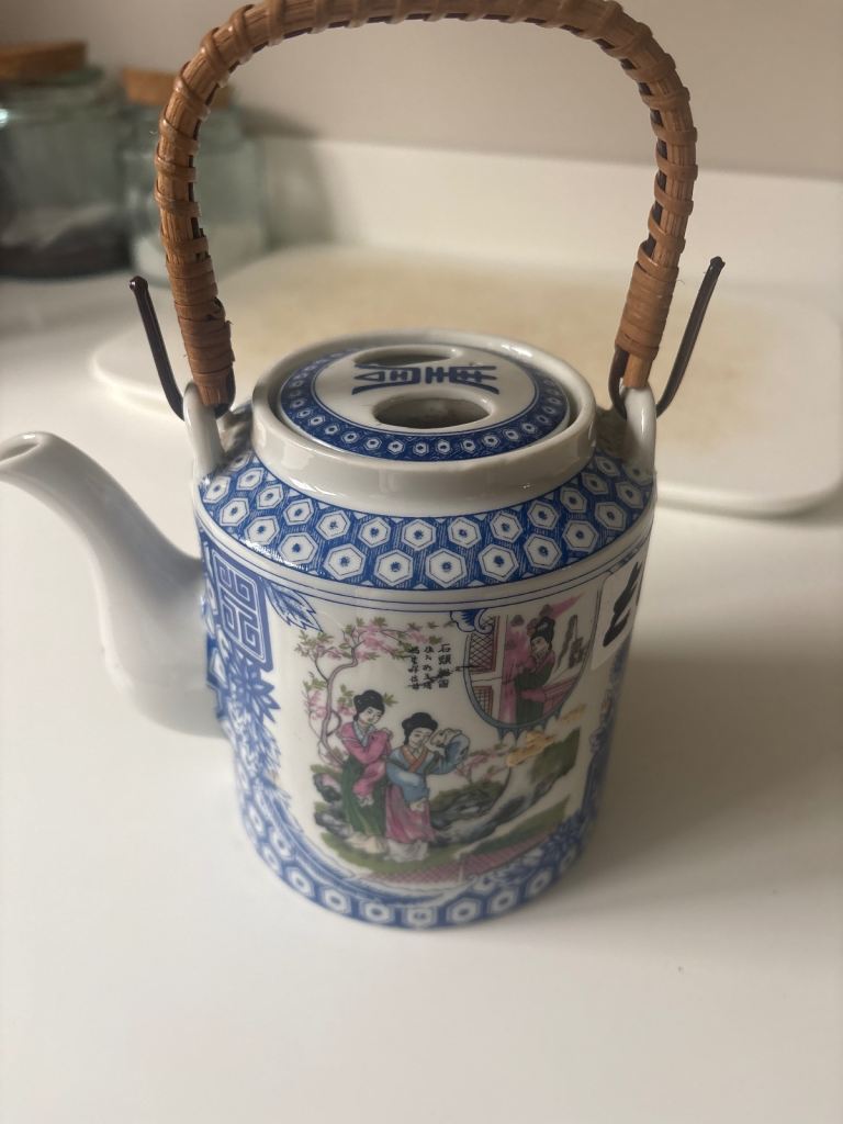 Vintage Chinese Porcelain Teapot With Wicker Handle – Decorative