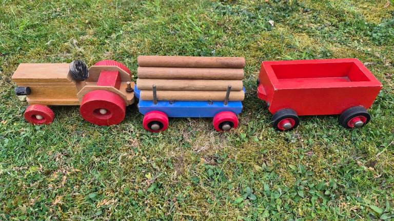 Vintage Wooden Tractor Log Trailer & Wagon Set Handmade Pull Along Toy