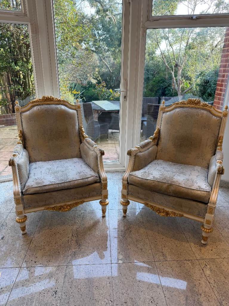 Pair of Luxury French Style Armchairs – Cream & Gold Statement Chairs