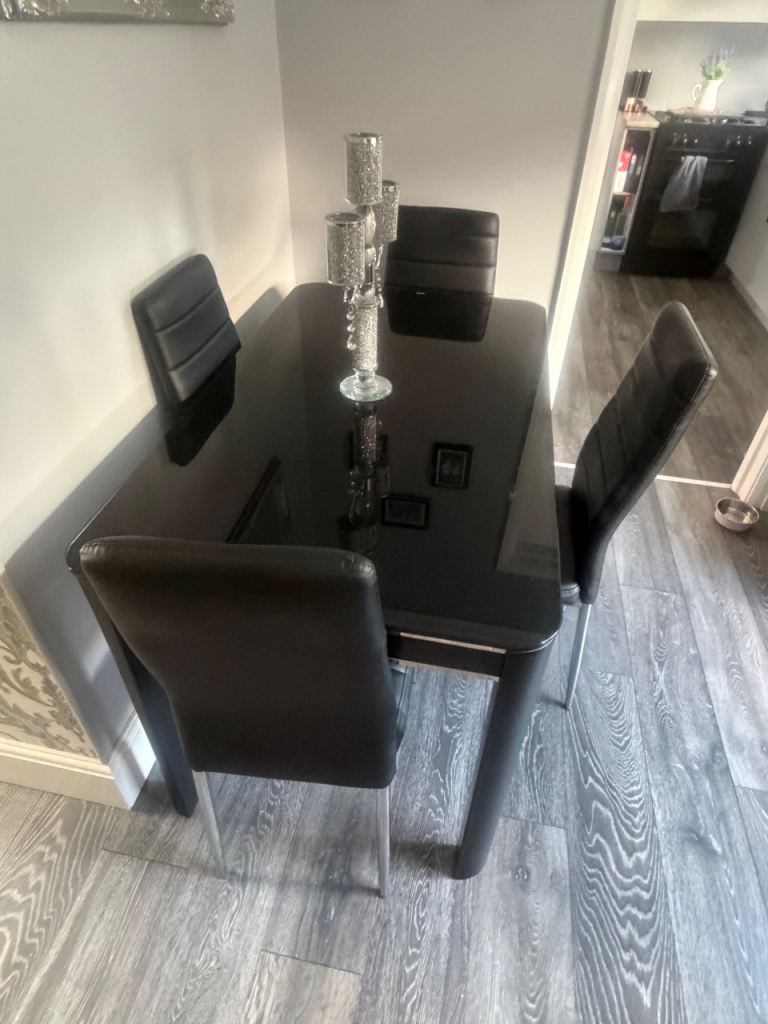 Modern Black Glass Dining Table with 4 Chairs