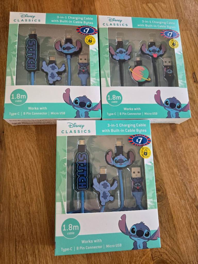 Brand new 3 x Disney stitch 3 in 1 charging cables 1.8 metres