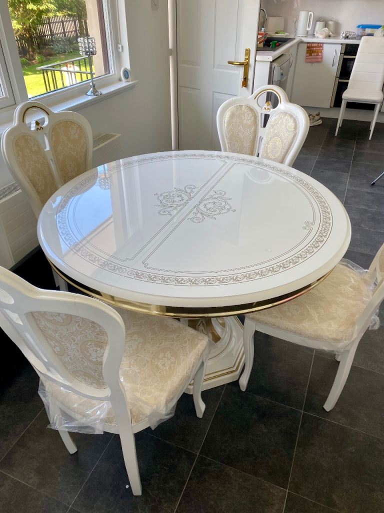 Elegant NEW  White and Gold Dining Table with 4 Chairs – As Good As New