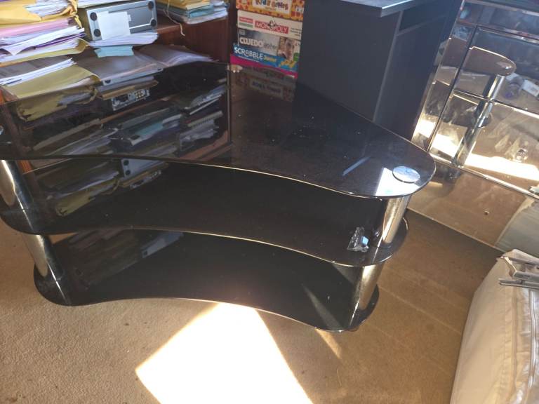 Black Glass & Chrome Corner TV Unit – 3 Shelf Media Storage