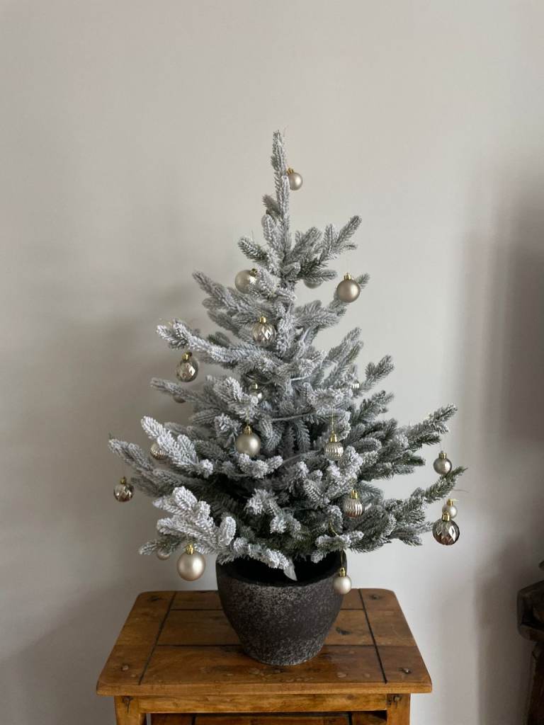 John Lewis 3ft Cotswold snowy christmas tree with baubles and lights