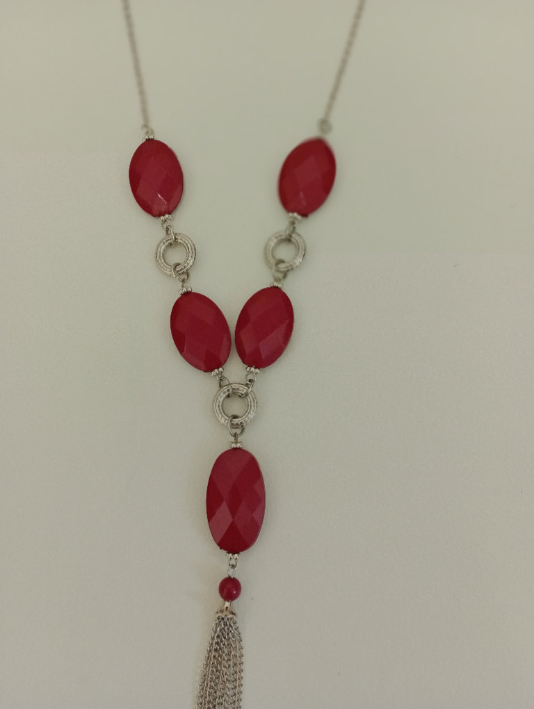 NECKLACE RUBY RED & SILVER LONG