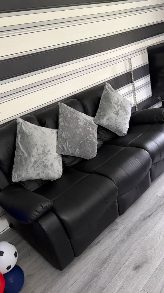 Free Black Leather Recliner Sofa with Cushions – Fair Condition