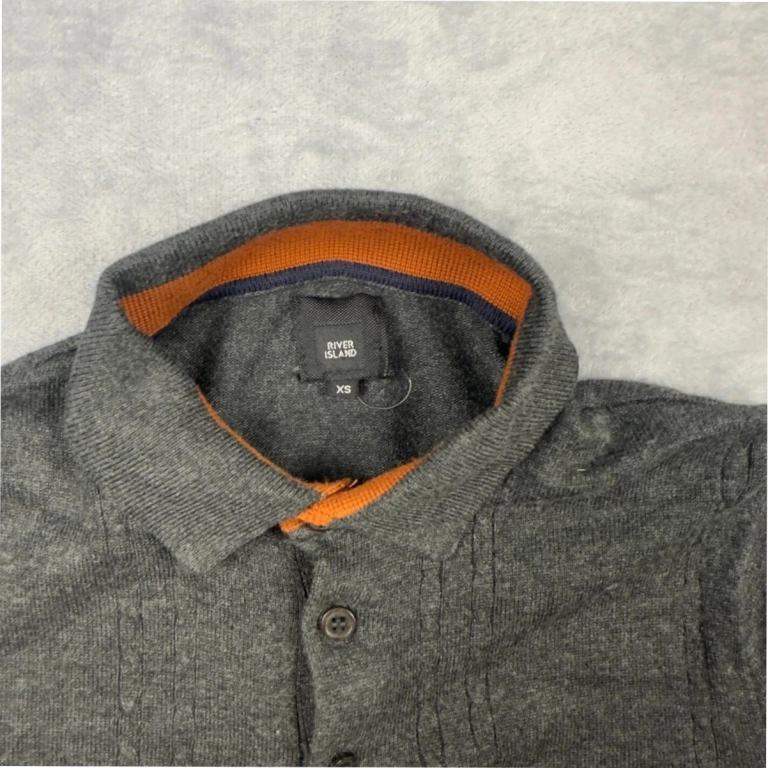 River Island Men’s Viscose Knit Polo Sweater Grey/Orange UK Size XS EUR 1