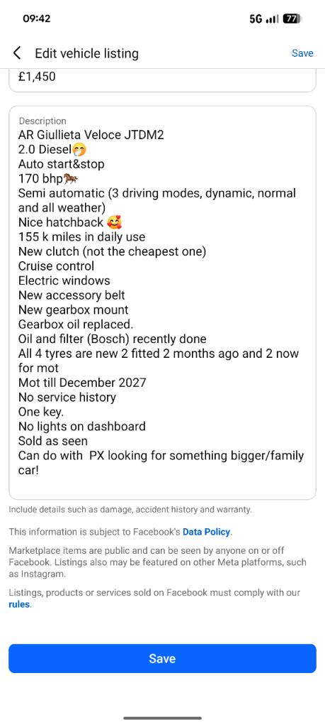 Alfa Romeo, GIULIETTA, Hatchback, 2010, Manual, 1956 (cc), 5 doors