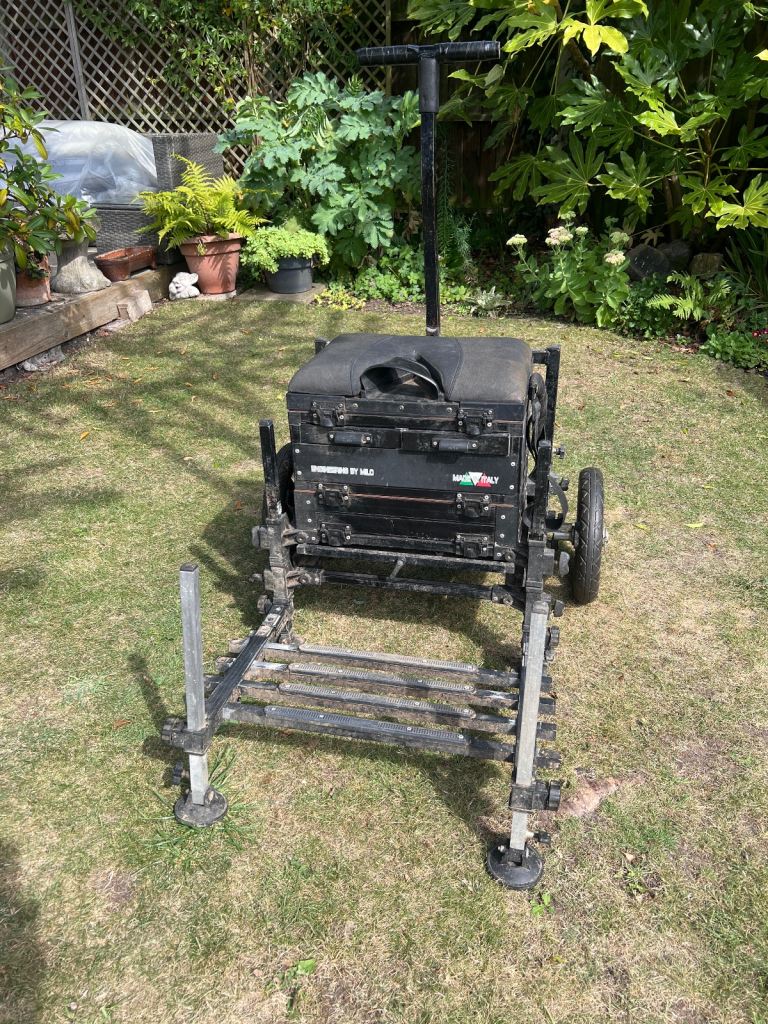 Milo Modus 5 draw pole fishing seatbox with side tray, platform and wheel kit