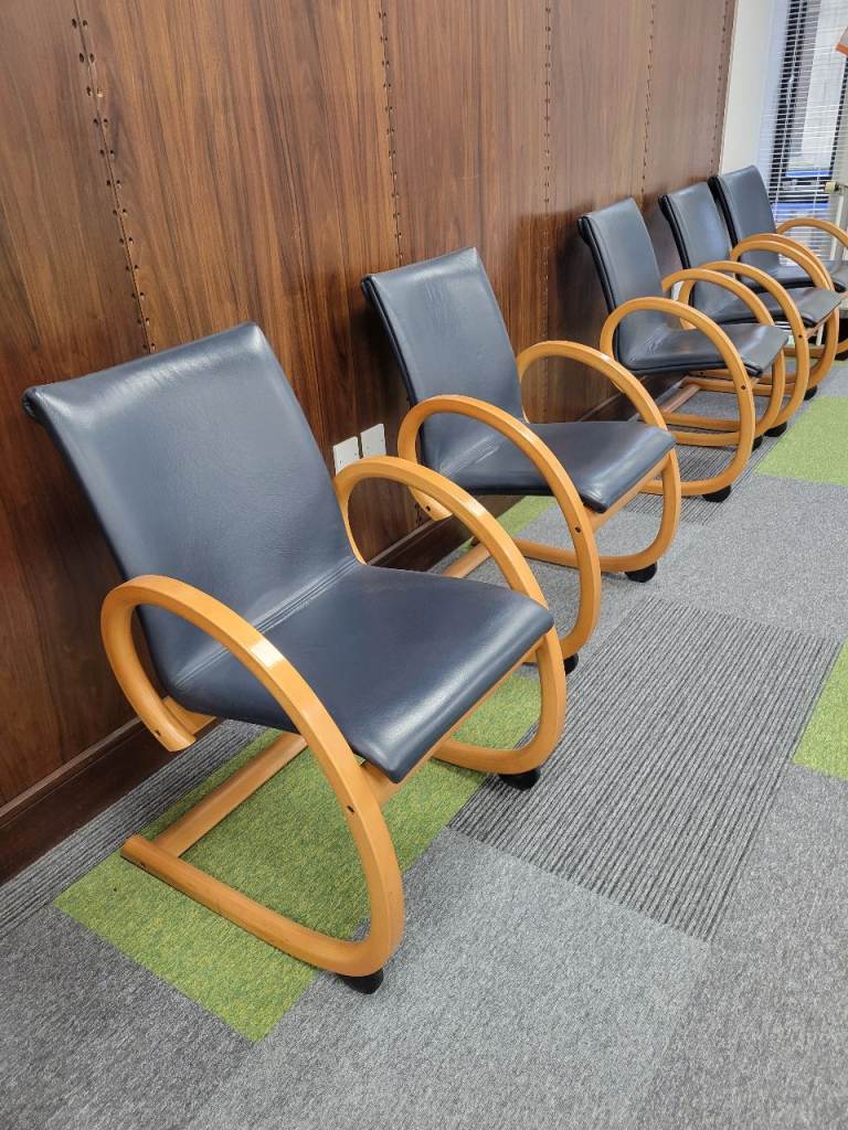 Dark blue leather and wood ex-Boardroom chairs