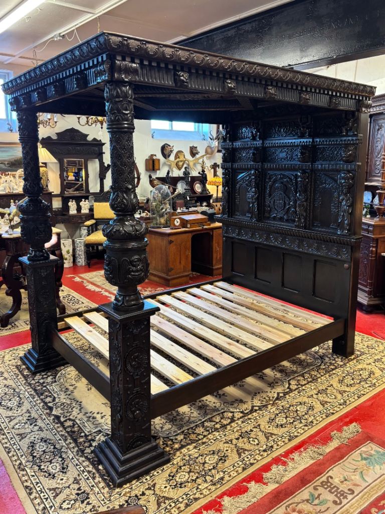 Gothic Jacobean Style Four Post Kingsize Double Bed Heavly Carved Canopy Tester