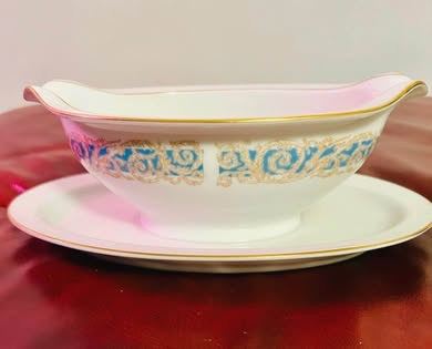 Vintage Double-Ended Gravy Boat with Stand – blue & Gilt Border – English China