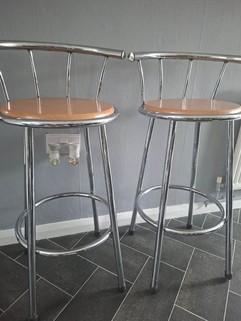 Two Metal Bar Stools with Wooden Seats – Good Condition