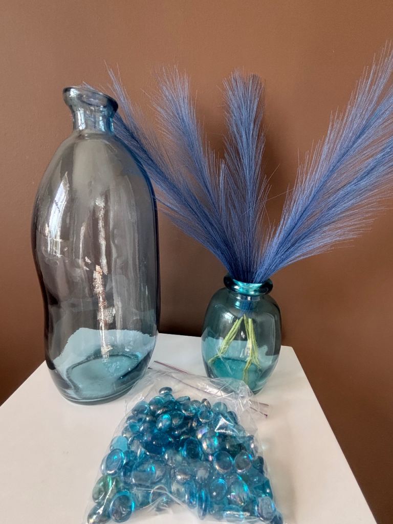 Two Blue Glass Vases with accessories 
