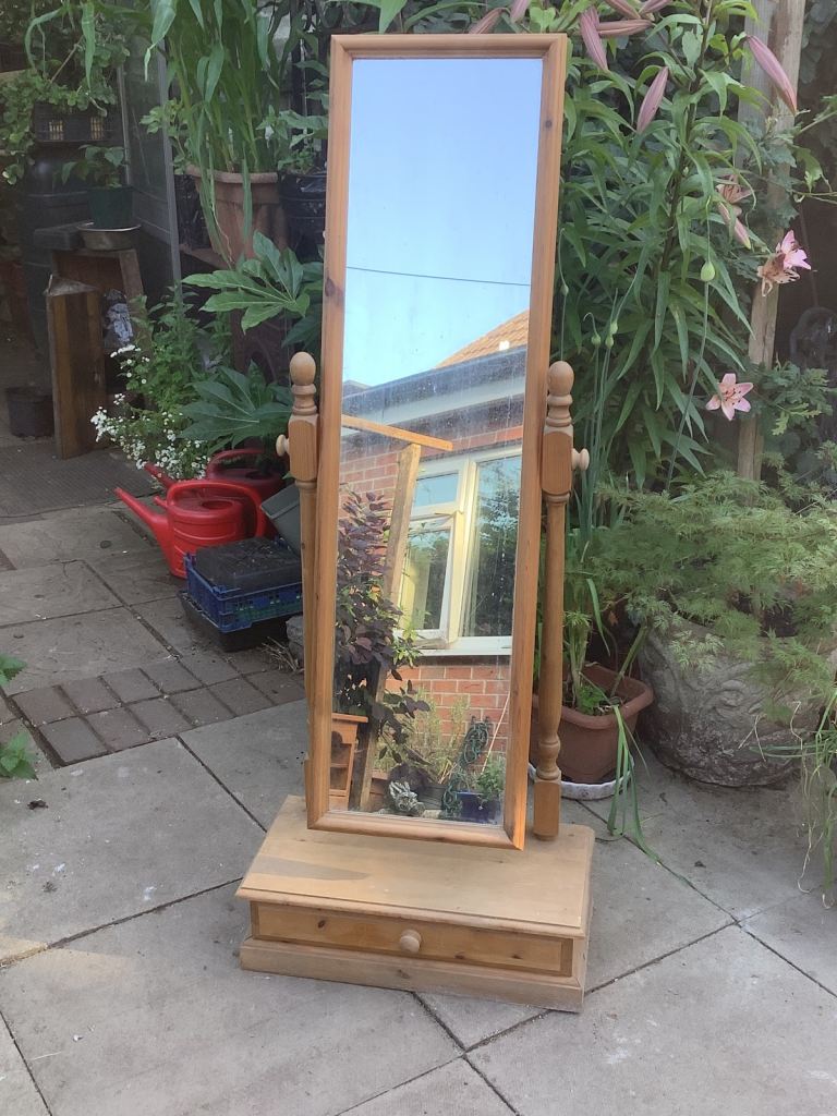 Pine single drawer cheval mirror with turned supports 