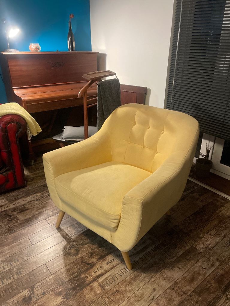 FREE- Yellow Fabric Armchair with Wooden Legs – Good Condition