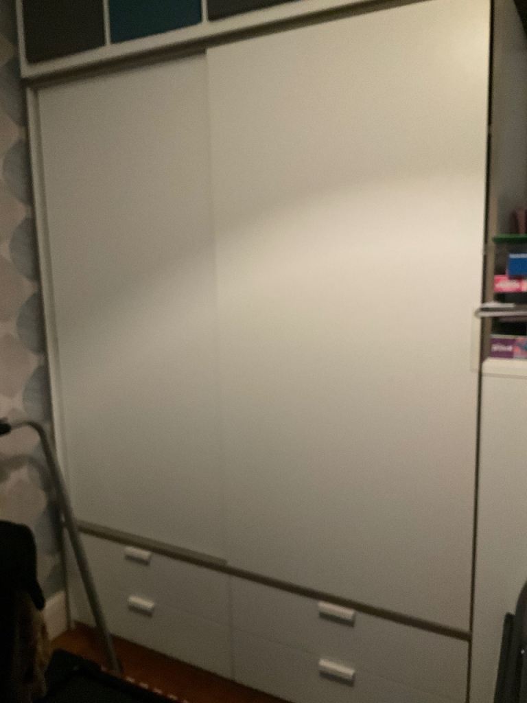 IKEA double sliding wardrobe with 4 drawers in white and grey. Fantastic buy £190