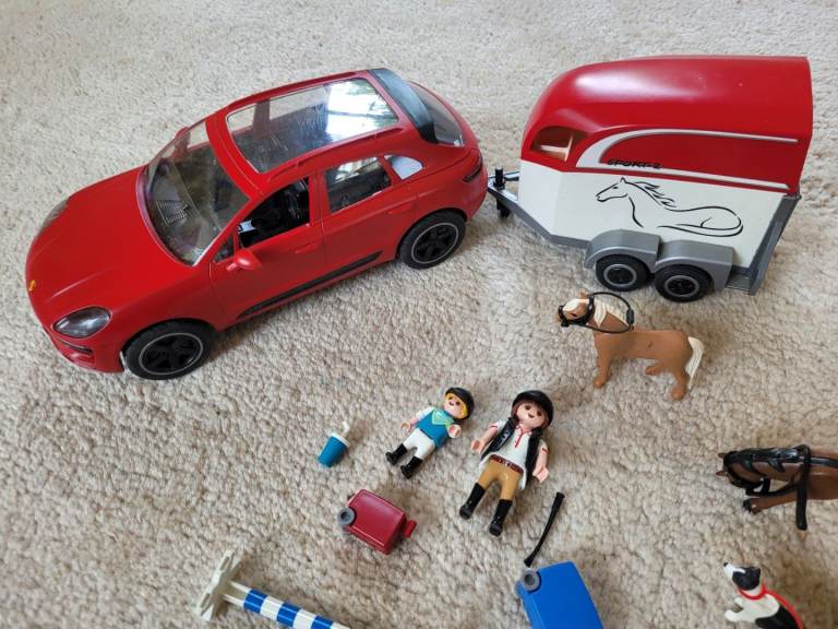 Playmobil Red Car, Horse Trailer, Horse and Figures – Excellent Condition