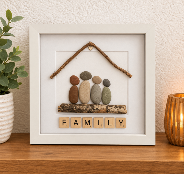 Handmade Pebble Art Family – Framed “FAMILY” Wall Art