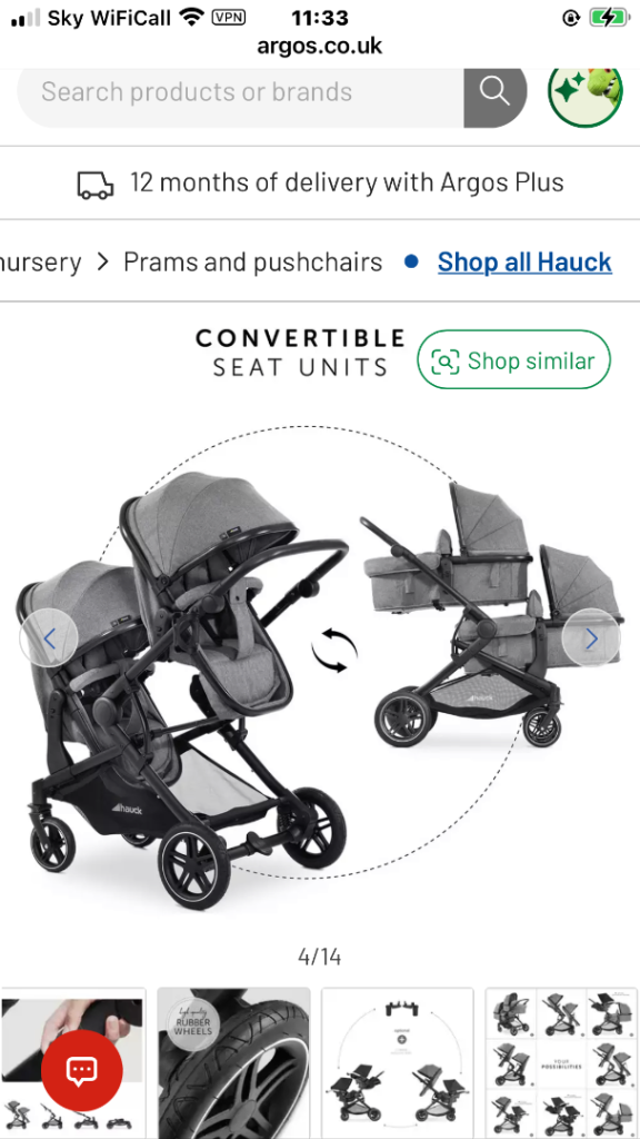 Hauk double pram/ buggy with foot muffs and rain covers 