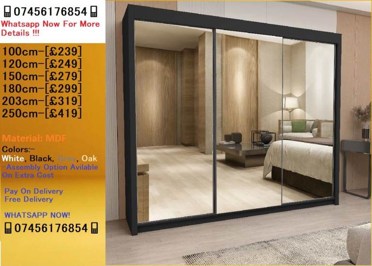 Chicago Wardrobe | Multiple Colors === 2 / 3 - Sliding Door | Mirror Wardrobes!!