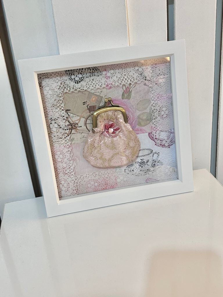 White Vintage Shadow Box Frame #cottagecore #photo #lace #tea #purse #roses #pink #home #decor