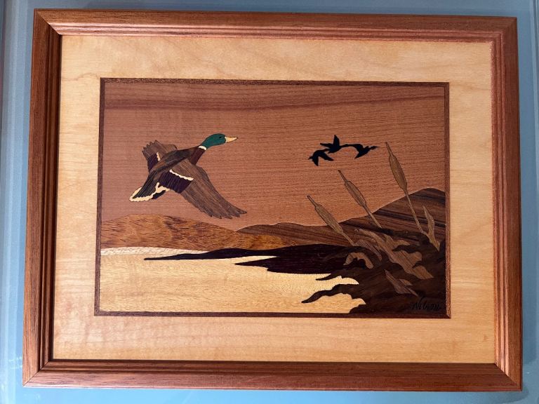 Ducks in flight marquetry art by Jeffrey Nelson