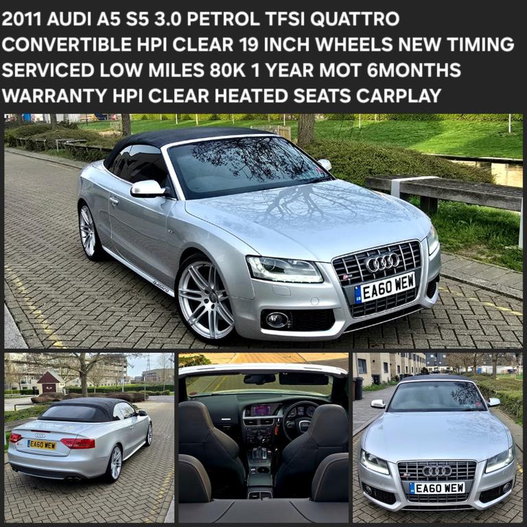 2010 Audi A5 S5 Quattro 3.0 V6 TFSI CONVERTIBLE LEATHER HEATED SEATS 1 YEAR MOT NEW TIM  CONVERTI...