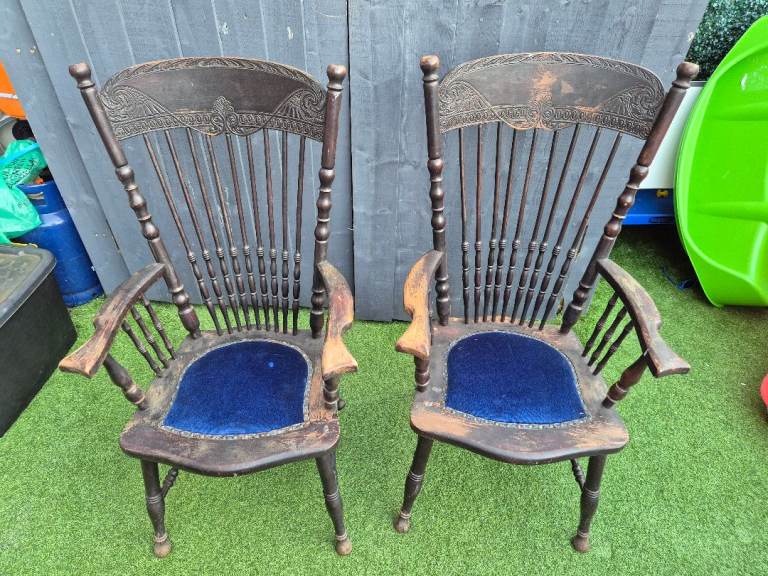 Pair of Victorian Carved Spindle Back Armchairs – Original Patina