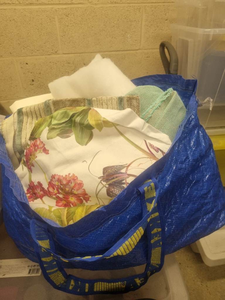 IKEA Blue Bag with Mixed Fabric Scraps and Items