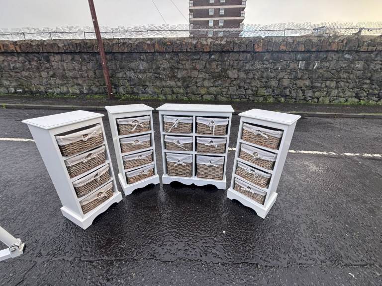 image for 4 white wood cabinits with wicker basket in them   3 thin 4 tier oness £25 each  1 wife 6 tier 1 £49