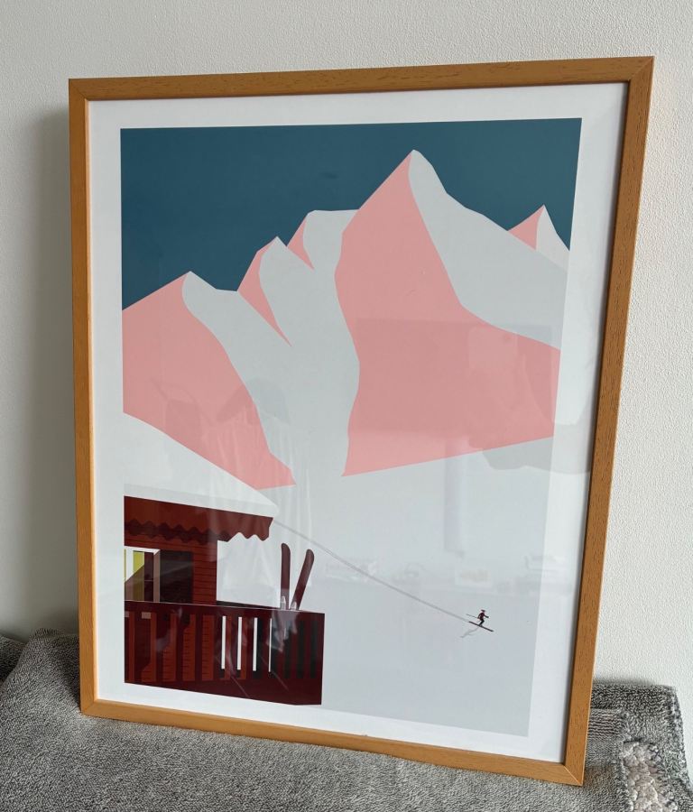 Elegant, Ready-to-hang Picture - 'Ski Chalet' Framed Print, 52 x 42cm, Blue/Pink