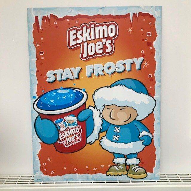 VINTAGE ESKIMO JOE SLUSH ICE METAL ADVERTISING POSTER, MAGNETIC METAL BACKING
