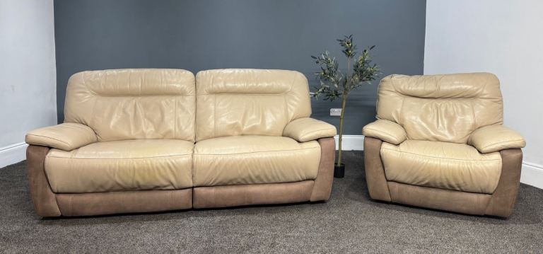 SCS Two Tone biscuit Leather & Brown Suede Fabric Power Recliner 3 Seater Sofa & Armchair  £395 