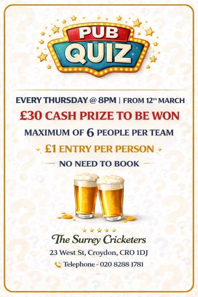 The Surrey Cricketers Presents Quiz Night Starting 12th Of March 2026