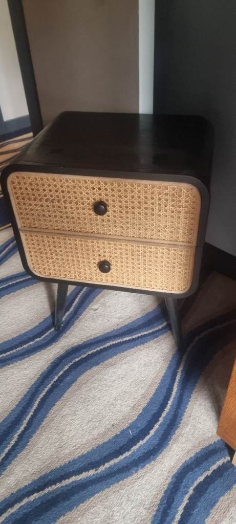 Stylish Black Bedside Table with Rattan Drawers – Good Condition