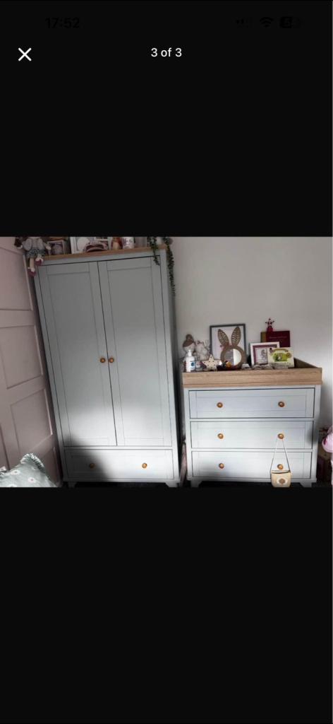Nursery Wardrobe and Chest of Drawers Set - Grey Wood
