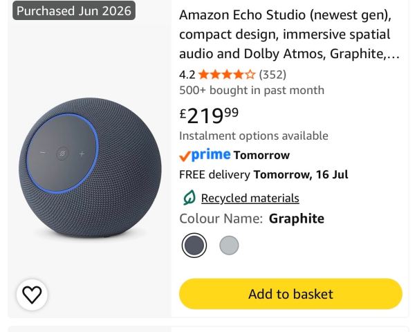 Amazon Echo Studio (Newest Gen) – Graphite Smart Speaker, £25.00