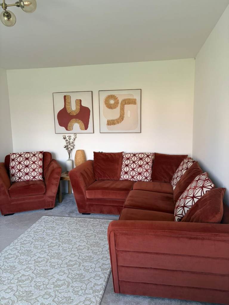 Brand new covers. DFS Corner Sofa with Armchair and Ottoman