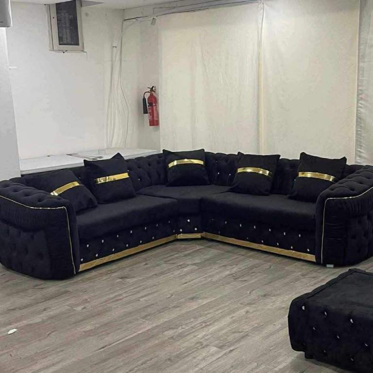  Brand New Ambassador Chesterfield Black Velvet Corner Sofa with Gold Trim