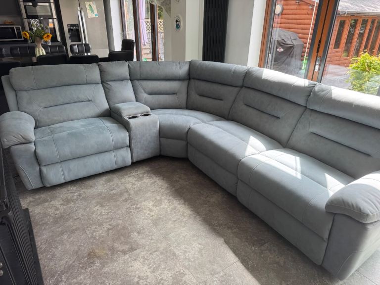 Blue two seater and corner sofa  Corner Sofa with Recliners and Cupholders – Good Condition