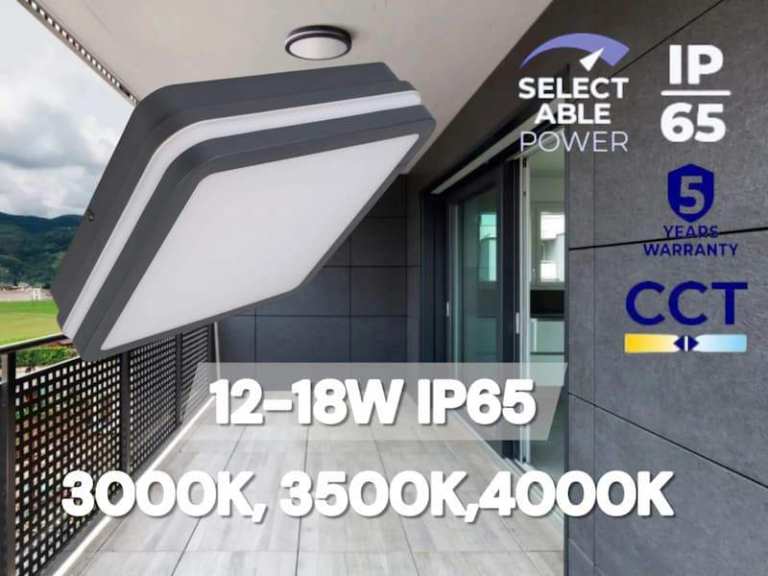 Square LED Ceiling/Wall Light 12–18W CCT IP65 Graphite