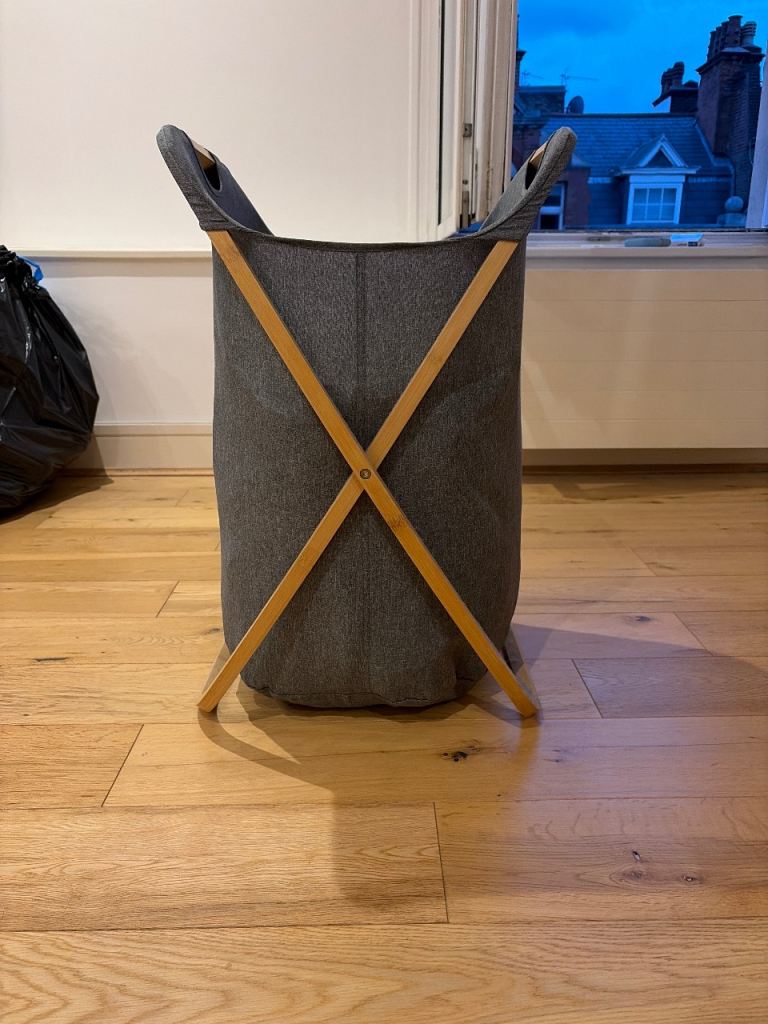 Grey Fabric Laundry Basket with Wooden Frame – Good Condition