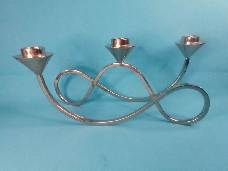 image for 10-inch length and 5,3inch height. Triple Candle Holder In Chrome Metal 1980. 