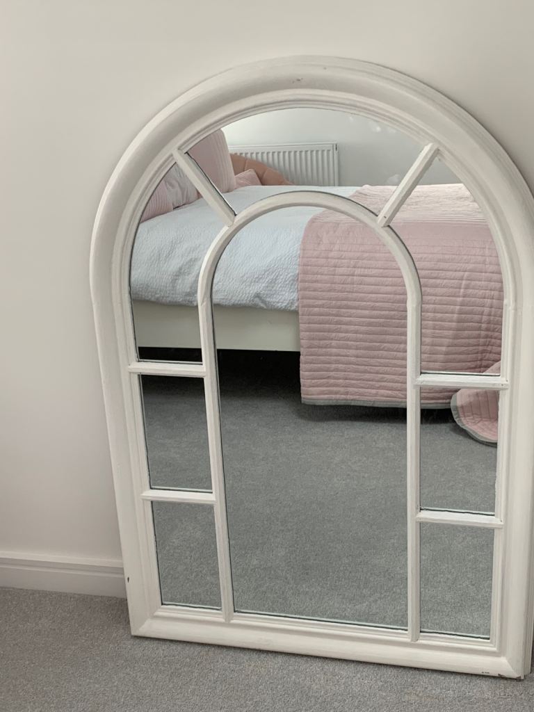 White wooden arched window mirror 