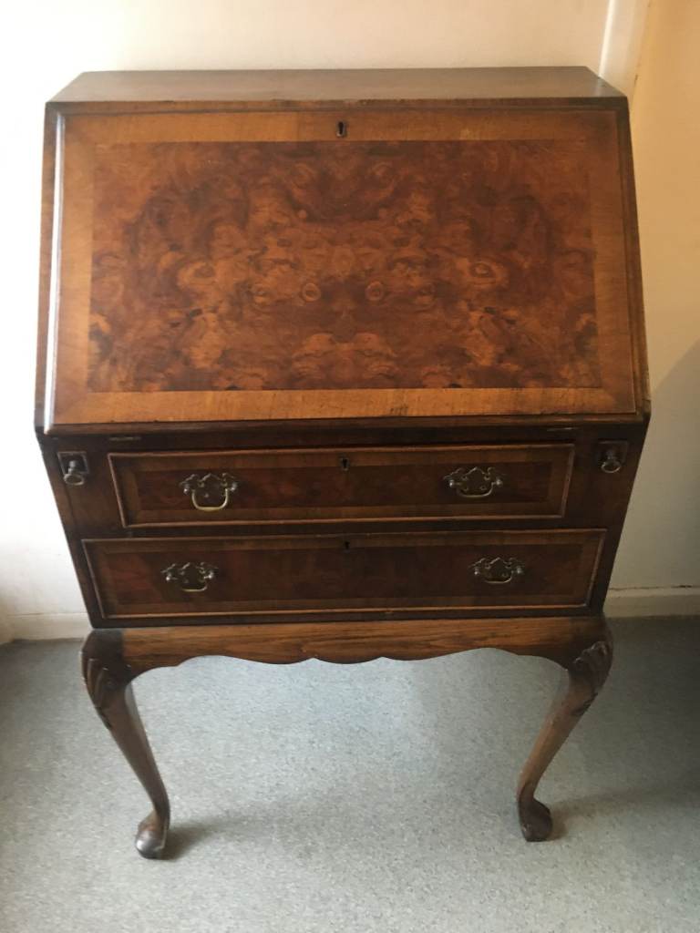Antique Queen Anne Walnut Ladies Writing Bureau 1930's Secretaire 2 Drawers with Cabriole Supports