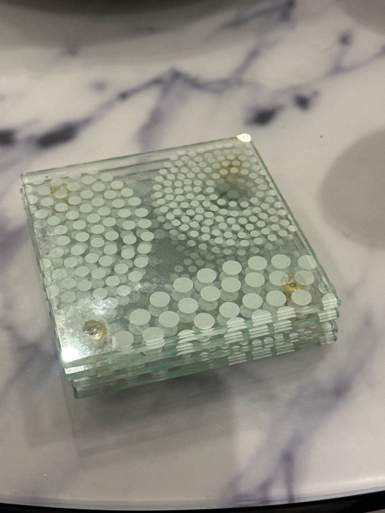 Set of  4 Glass Coasters with White Dot Pattern – Good Condition